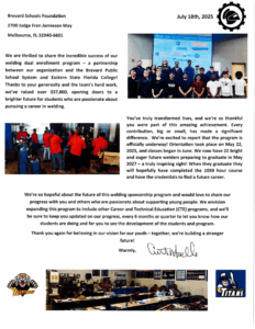 Thank you note from the Brevard Public Schools Tigers-to-Titans welding program.
