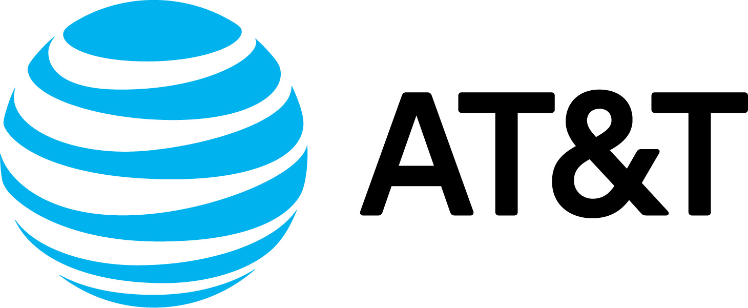 AT&T logo featuring a blue and white striped globe icon to the left of the company name “AT&T” in bold black letters.