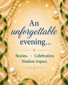 Promotional graphic for the 14th Annual Reach for the Stars Gala featuring elegant gold, pearl, and green ribbon design elements with the message: ‘An unforgettable evening… Stories. Celebration. Student impact.’ Celebrating 30 years of Take Stock in Children.