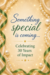 Vertical banner graphic for the 2026 Reach for the Stars Gala donation section featuring elegant gold drapery, pearls, green ribbons, and sparkling accents with the message ‘Something special is coming… Celebrating 30 Years of Impact.’ Designed to support donor engagement and mission-focused website content for Take Stock in Children of Brevard.