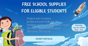 Eligibility requirements for the Back-to-School Blast-Off, including student attendance, Brevard Public Schools enrollment, participation in the Free or Reduced Lunch Program, and first-come, first-served distribution of supplies.