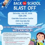 Back-to-School Blast-Off flyer with event details, eligibility requirements, and information about free school supplies for eligible Brevard Public Schools students.