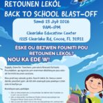 Haitian Creole-language Back-to-School Blast-Off flyer with event details and eligibility requirements for free school supplies.