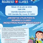Spanish-language Back-to-School Blast-Off flyer with event details and eligibility requirements for free school supplies.