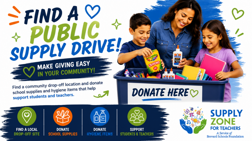 Promotional graphic encouraging community members to find a public supply drive location and donate school supplies and hygiene items to support students and teachers through the Supply Zone for Teachers.