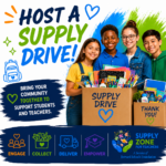 Students standing with donated school supplies promoting community supply drives that support students and teachers through the Supply Zone for Teachers.